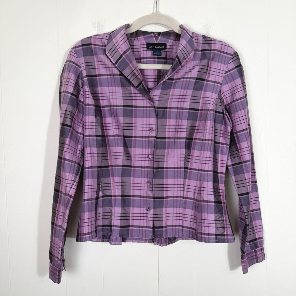 Ann Taylor 100% Silk Purple Plaid Button Up Peplum Hem Blouse Size 6 Y2K Whimsy